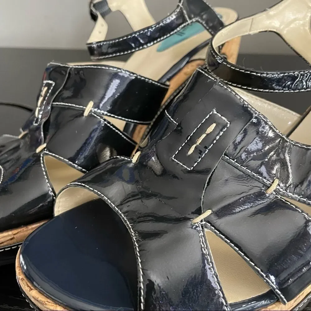 Fitzwell Navy Patent Leather and Cork Platform Wedge Strap Sandals, 9 1/2